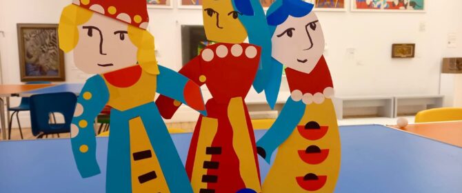 3 collaged colourful handmade characters