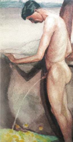 DH Lawrence watercolour, Dandelions. details of a painting showing a naked man urinating on a patch of dandelions