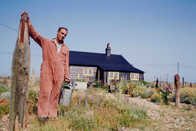 Derek Jarman outside Prospect Cottage, Dungeness.