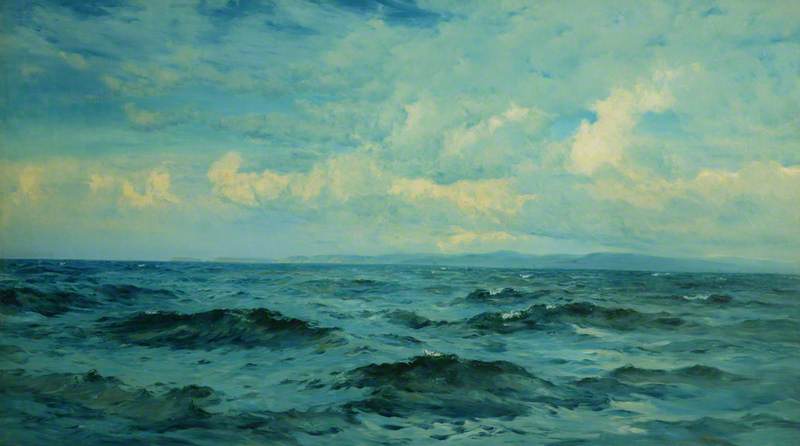Marine picture offering a view of a choppy sea at Mount's Bay in Cornwall on an early summer morning, with distant hills and cliffs on the horizon, against a bright clouded sky. Towards the right of the picture, on the horizon line, are distant sails of ships. The paint work has impasto detail which emphasises the texture of the vibrant blue sea.