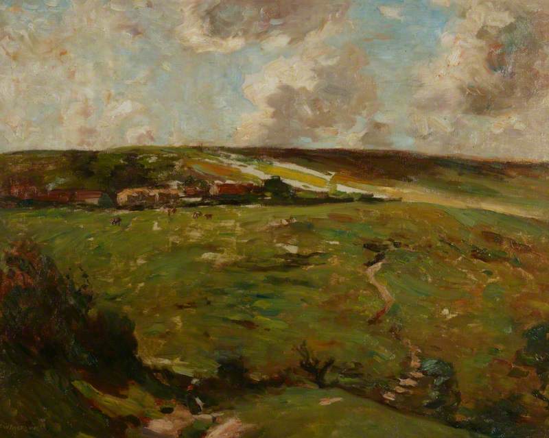 Thickly painted view across a bleak Yorkshire moorland, beneath a bright clouded sky.