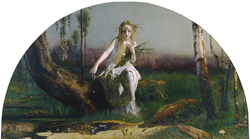Arthur Hughes, Ophelia, 1852 a dark, swampy, woodland setting, Ophelia, with a sorrowful expression, is seated in the centre, on the base of a overhanging willow tree, next to a stream. She is a delicate, pale young girl with long fair hair, and is dressed in white drapery, with a crown of reeds and flowers on her head. She holds more reeds and flowers close to her chest with her left arm, dropping purple and white flowers into the stream below with her right hand. Green algae floats on the top of the stream, a toadstool growing nearby, on the right, next to silver birch trunks, which extend out of view.