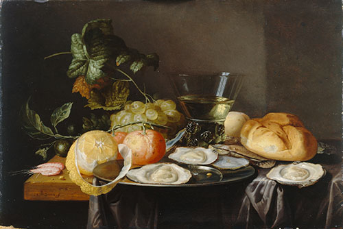 Jan Davidsz. de Heem, Still Life: Fruit And Oysters On A Table Each individual item in this painting is recorded in minute detail, down to the bloom on the grapes and the iridescent lustre of the oyster shells. The artist has carefully captured the reflection of the window in the wine glass, or roemer, with its pattern of raspberry prunts, and the lemon is peeled for the viewer to imagine its bitter taste.
