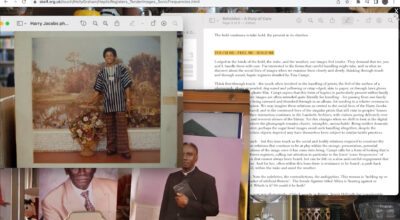 screenshot of a computer screen with various tabs open including a text document and vintage printed photographs of black men