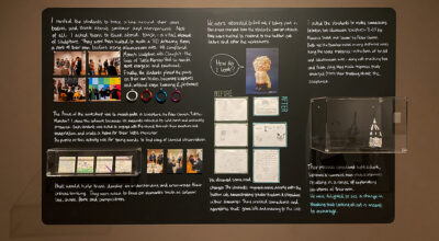 The image shows a detailed description of an art workshop focused on sculpture and creative exploration. It appears to be a display board or presentation summarising the workshop's activities and outcomes.
