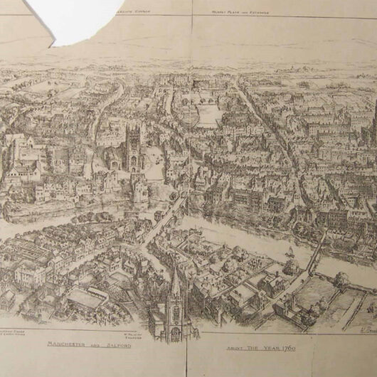 An Old Manchester map dated 1760 - a hand-drawn 3d map of the city, view from above, a canal runs through the centre with notable churches and bridges visible. A section of the map is missing in the top left corner.