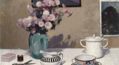 EH Mooney - still life with blue glass vase and roses and a tea set