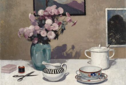 EH Mooney - still life with blue glass vase and roses and a tea set