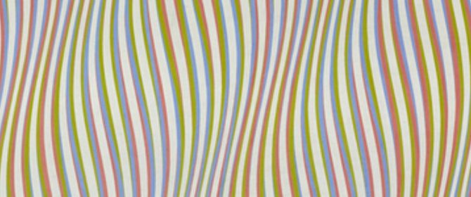 An Op-Art painting of curved white, pink green and blue vertical stripes