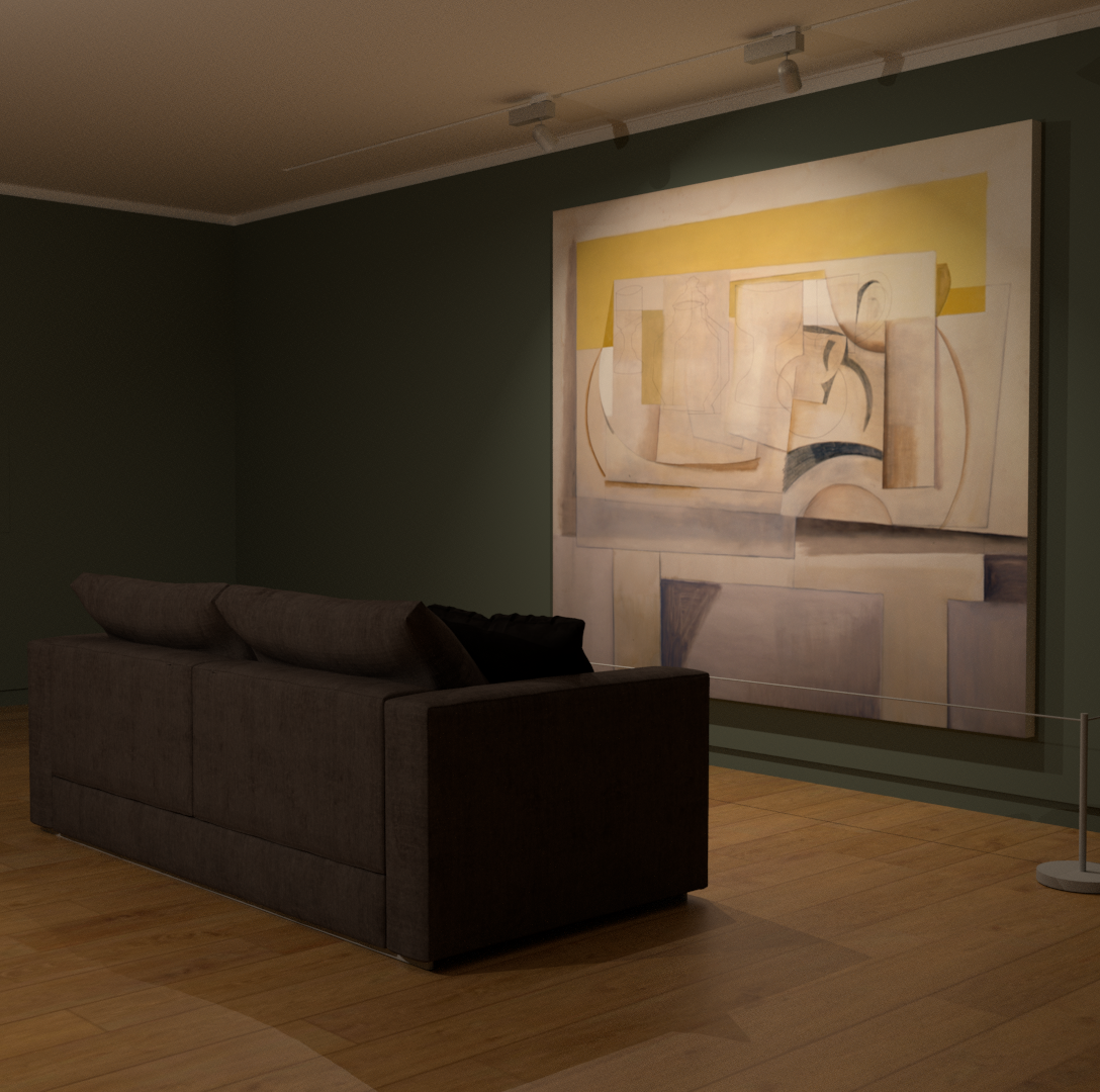 Ben Nicholson - A large abstract yellow painting in gallery with a sofa positioned in front of it